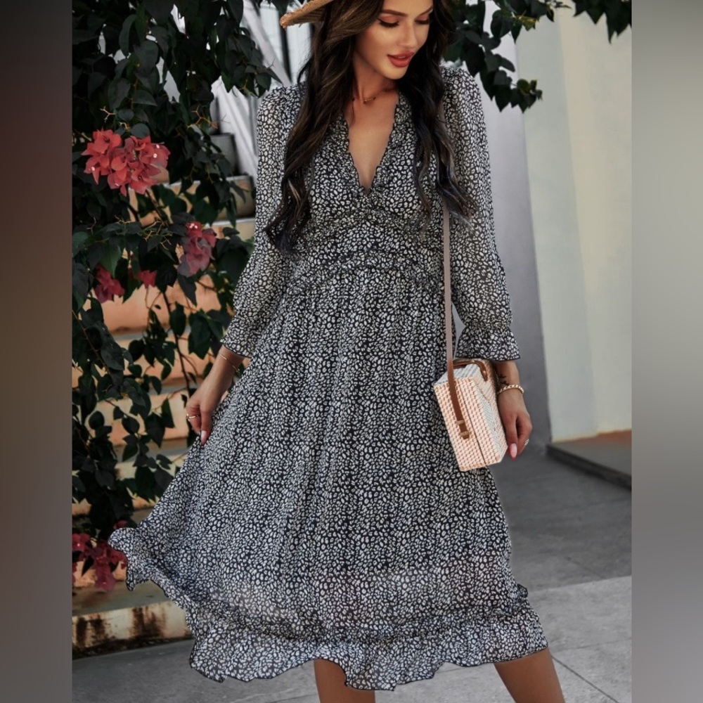 Simplee Women's V Neck Ruffles Floral Printed Long Sleeve Dress